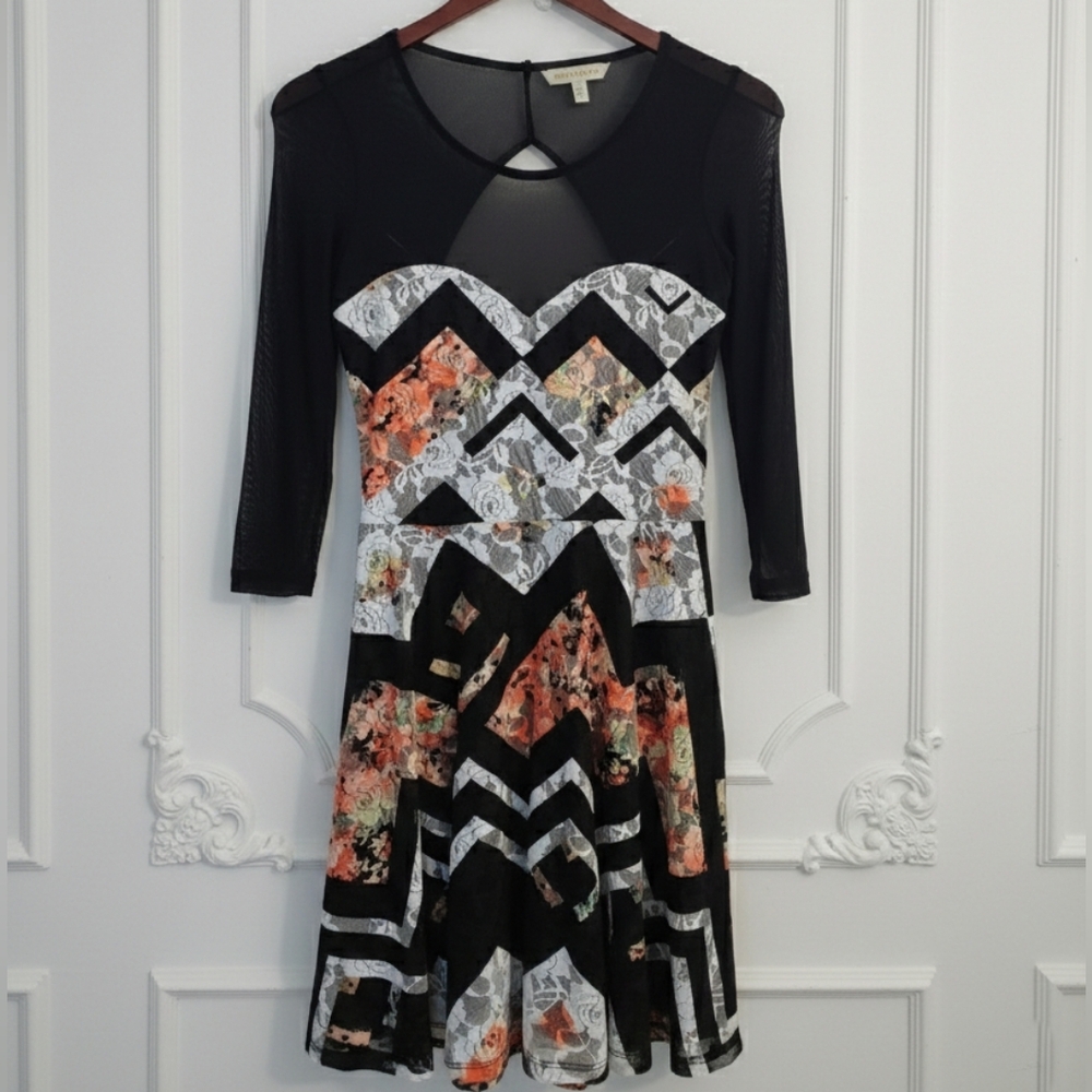 Material Girl Mixed Print Dress | Floral Lace & Geometric Chevron Mesh | Size M